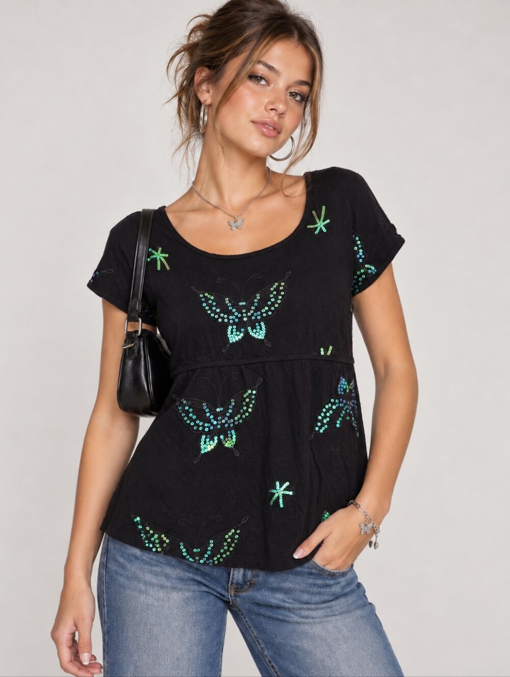 Vintage Y2K Bianca Nygard Sequin Butterfly Babydoll Top Size L Black Peplum